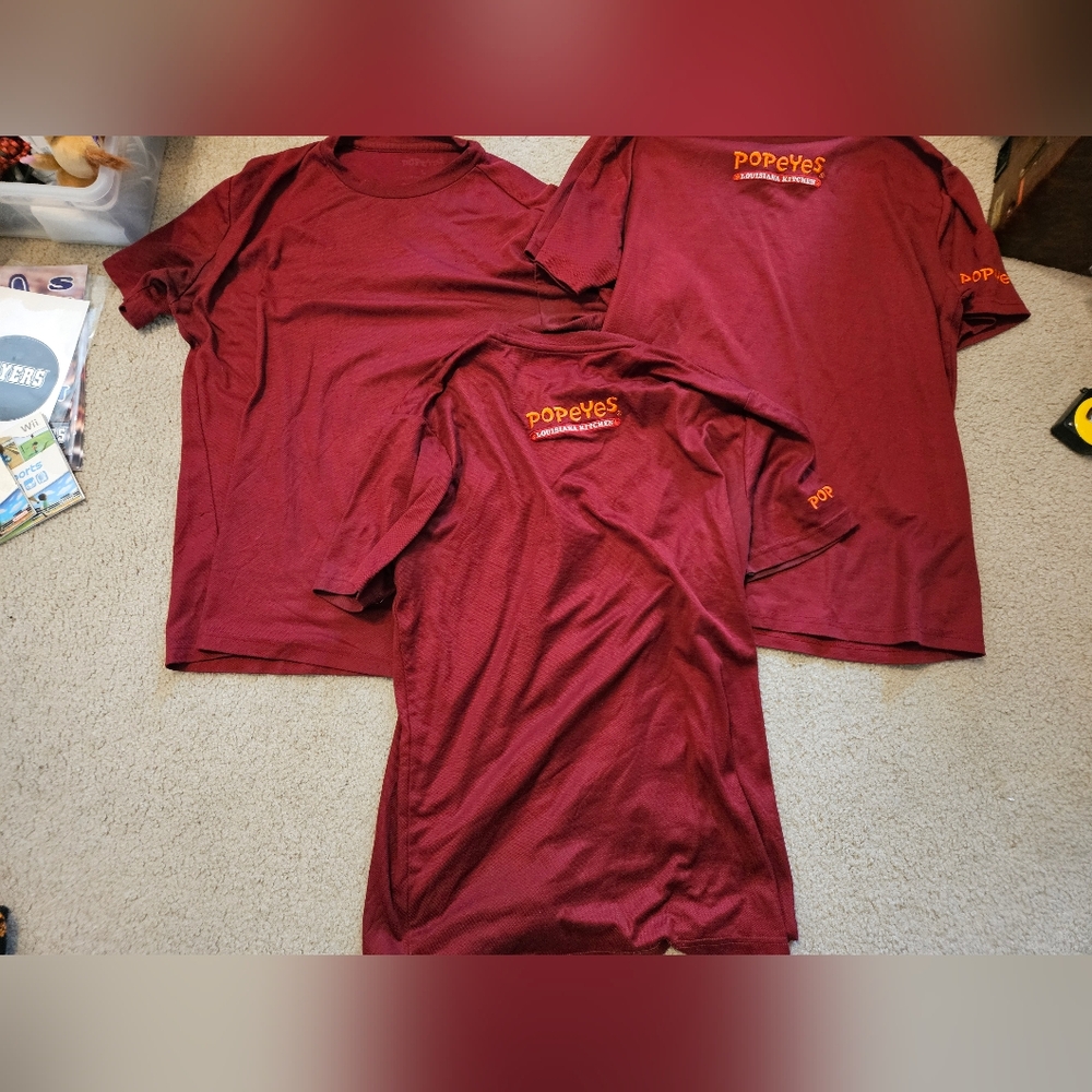 3 Popeyes Louisiana Kitchen Restaurant LARGE Employee Uniform Knit Work Shirts. 